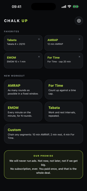 Chalk Up home screen with favorites